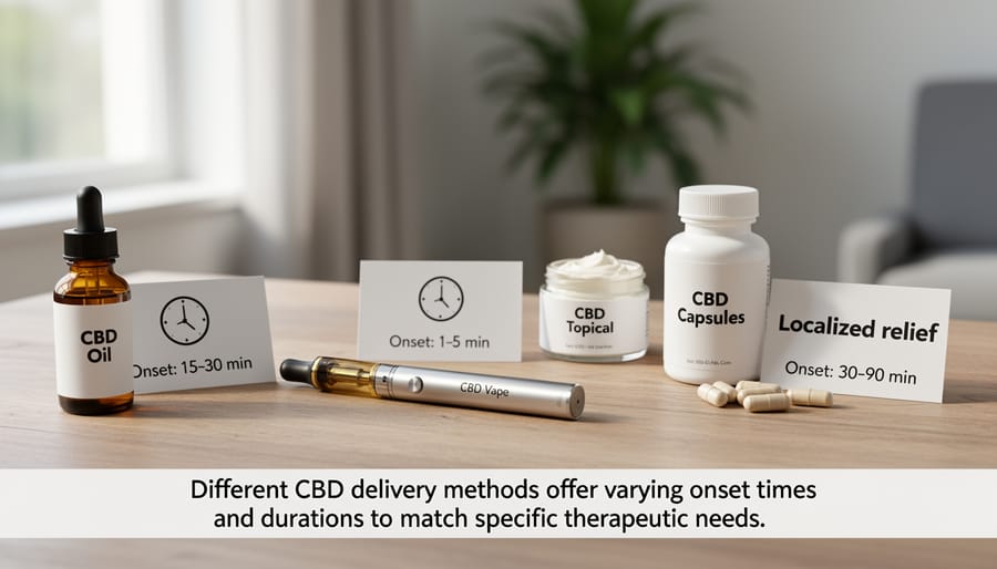 Array of CBD products including oils, capsules, and topicals on wooden surface