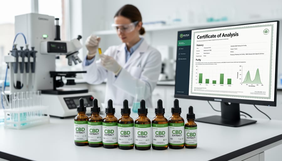 Certificate of Analysis document with magnifying glass showing CBD lab test results