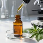 Amber CBD tincture bottle with dropper releasing a golden oil droplet into a clear petri dish on a white lab surface, hemp leaves nearby, soft daylight, and blurred beakers and a microscope in the background.