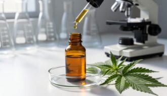 Amber CBD tincture bottle with dropper releasing a golden oil droplet into a clear petri dish on a white lab surface, hemp leaves nearby, soft daylight, and blurred beakers and a microscope in the background.