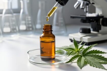 Amber CBD tincture bottle with dropper releasing a golden oil droplet into a clear petri dish on a white lab surface, hemp leaves nearby, soft daylight, and blurred beakers and a microscope in the background.