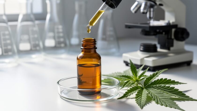 Amber CBD tincture bottle with dropper releasing a golden oil droplet into a clear petri dish on a white lab surface, hemp leaves nearby, soft daylight, and blurred beakers and a microscope in the background.