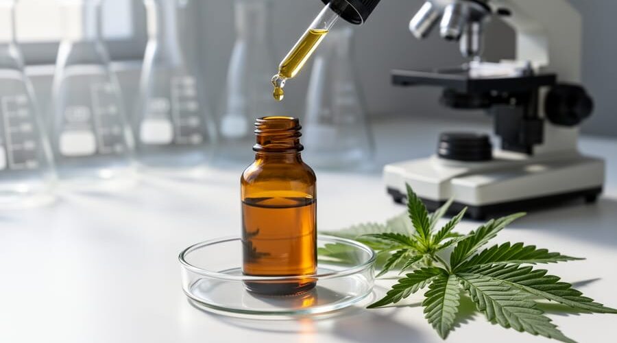 Amber CBD tincture bottle with dropper releasing a golden oil droplet into a clear petri dish on a white lab surface, hemp leaves nearby, soft daylight, and blurred beakers and a microscope in the background.