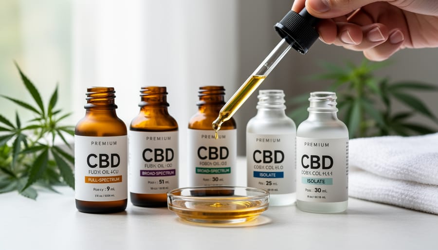 CBD oil dropper bottle with hemp leaves in background
