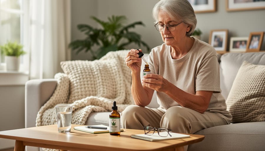 Elderly senior holding a CBD oil dropper bottle while seated on a sofa at home.