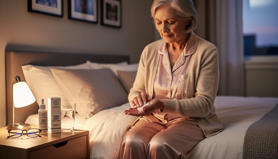 Senior woman stretching in a bedroom at night with a small CBD topical balm jar on the bedside table.