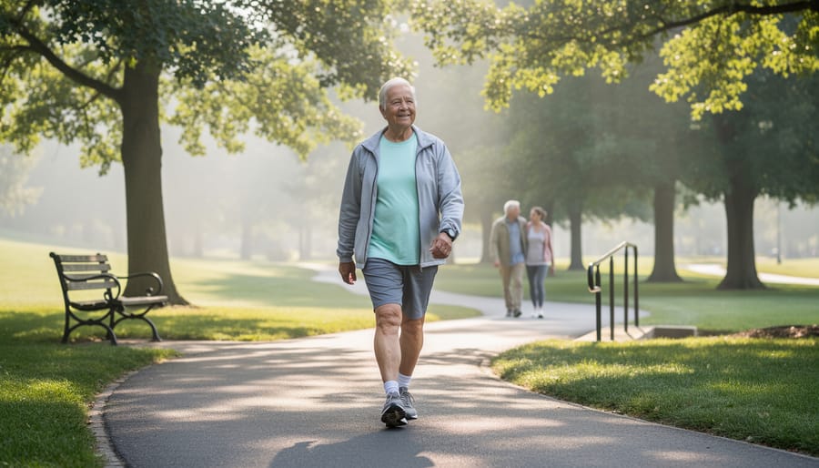 Elderly man taking a slow walk in a park at sunrise with trees and a sunlit path in the background.
