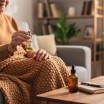 Elderly senior holding a glass CBD oil dropper bottle at home in a calm, comfortable living-room setting.