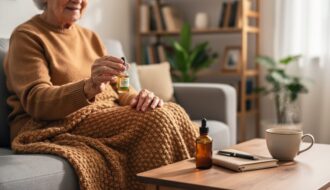 Elderly senior holding a glass CBD oil dropper bottle at home in a calm, comfortable living-room setting.