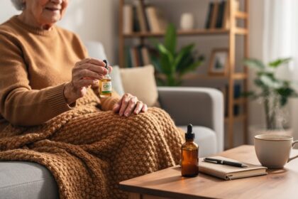 Elderly senior holding a glass CBD oil dropper bottle at home in a calm, comfortable living-room setting.