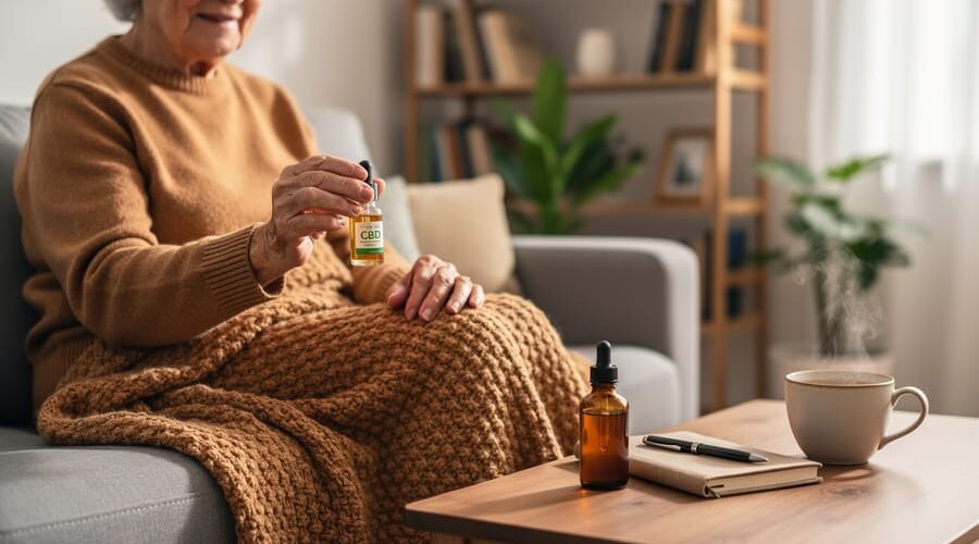 Elderly senior holding a glass CBD oil dropper bottle at home in a calm, comfortable living-room setting.