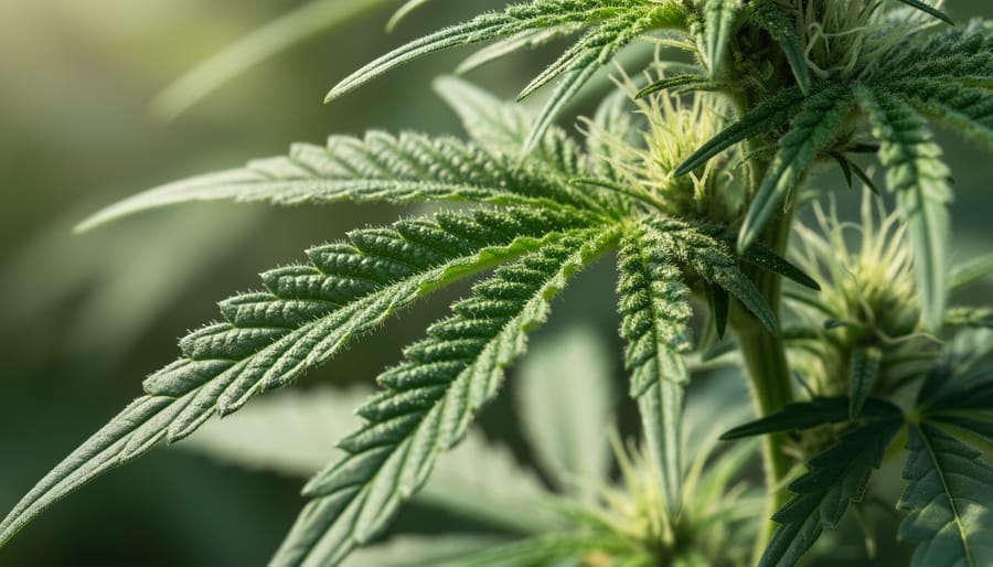Close-up of hemp plant leaves and resinous buds in natural light.