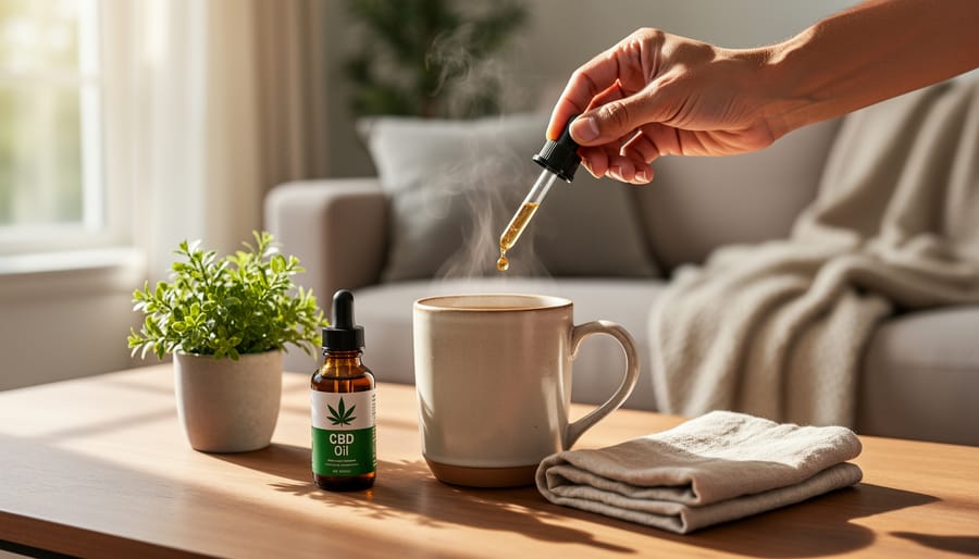 Hands holding a dropper above a bottle of CBD oil on a kitchen counter.