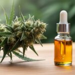 Close-up of hemp plant buds next to an amber dropper bottle of CBD oil on a wooden surface with blurred green foliage in the background.