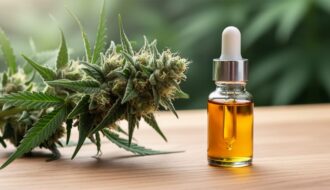 Close-up of hemp plant buds next to an amber dropper bottle of CBD oil on a wooden surface with blurred green foliage in the background.