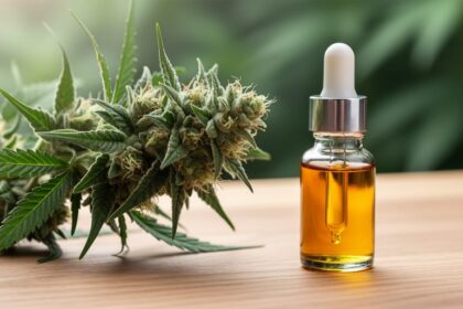 Close-up of hemp plant buds next to an amber dropper bottle of CBD oil on a wooden surface with blurred green foliage in the background.