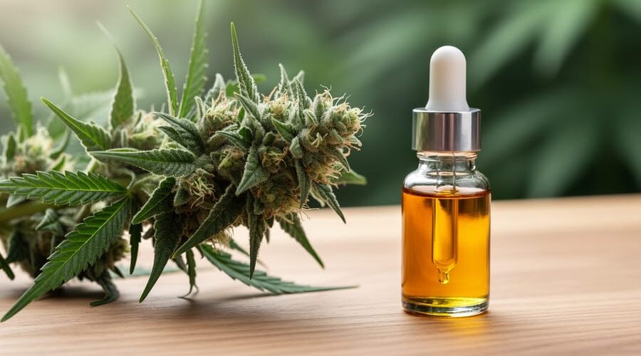 Close-up of hemp plant buds next to an amber dropper bottle of CBD oil on a wooden surface with blurred green foliage in the background.