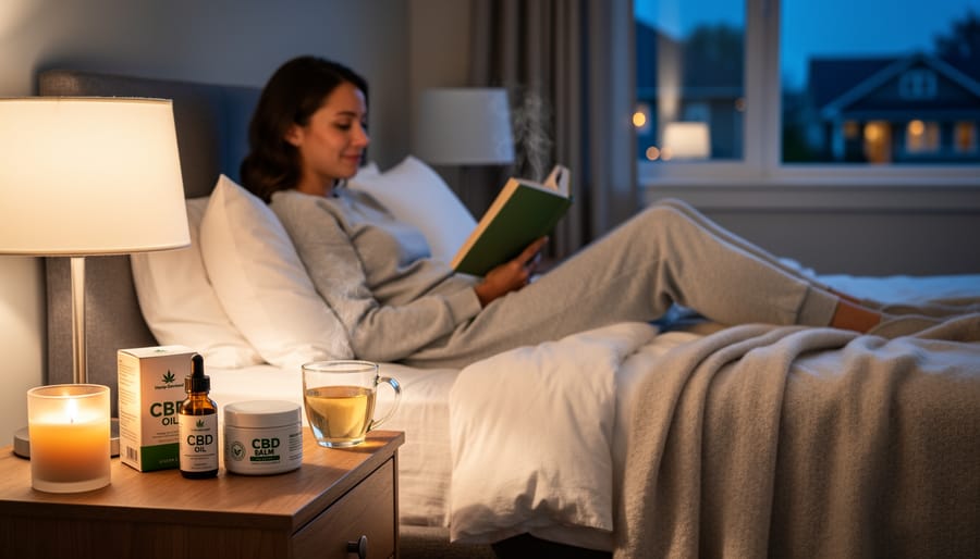 Relaxed person in a bedroom at night with CBD oil bottle and water on a bedside table.